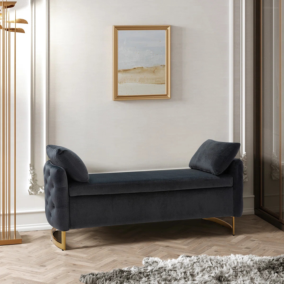 Aristides Modern 58.5"W Upholstered Tufted Flip Top Storage Bench with Two Pillows | Wayfair North America