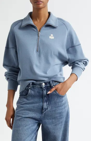 Isabel Marant Étoile Ross Half Zip Cotton Sweatshirt in Slate Blue/Ecru at Nordstrom Rack, Size 10 Us / 42 Fr | Nordstrom Rack
