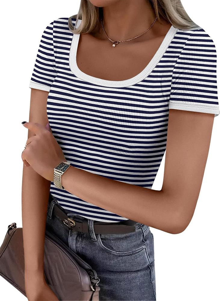ANRABESS Women Short Sleeve Tops Square Neck Ribbed Knit Color Block T Shirts Fitted Casual Summe... | Amazon (US)