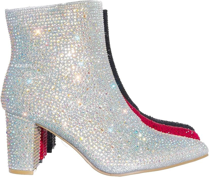 Women Rhinestone Block Chunky Heel Ankle Bootie | Amazon (US)