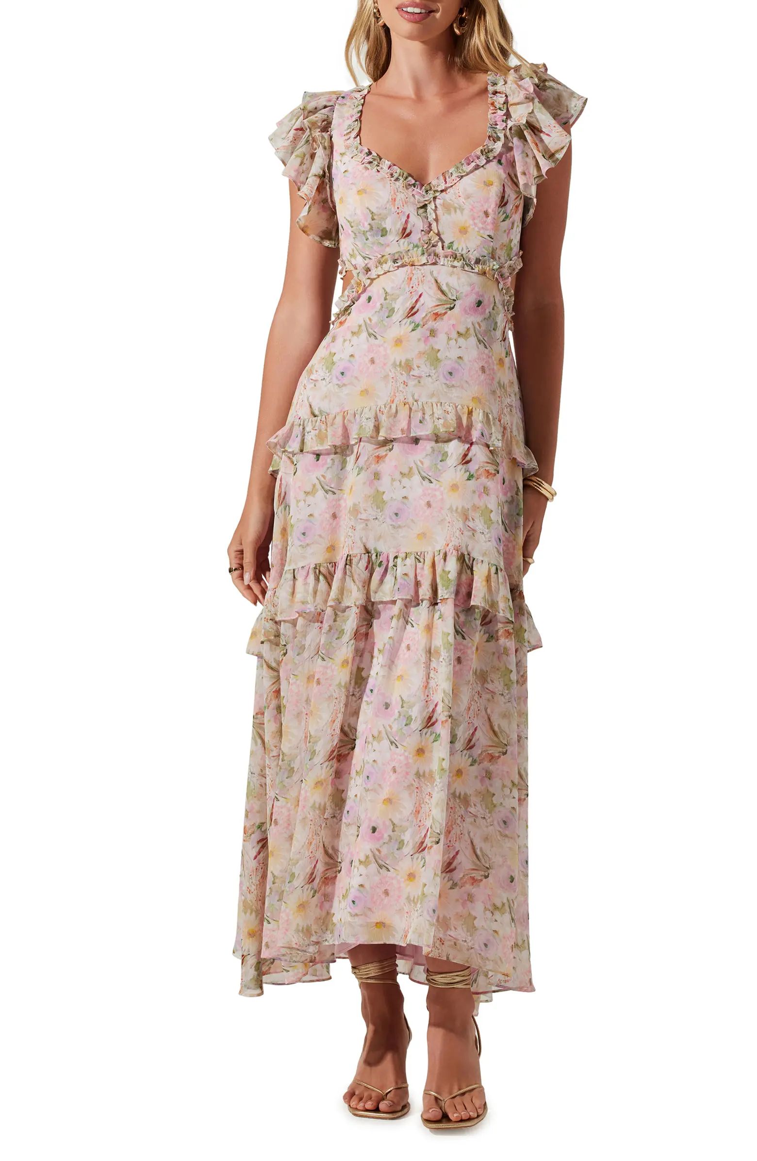 ASTR the Label Mable Floral Tiered Cutout Chiffon Dress | Nordstrom | Nordstrom