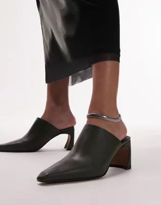 Topshop Cindy premium leather pointed toe heeled mules in khaki | ASOS (Global)