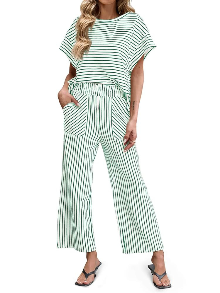 Tankaneo Womens Striped 2 Piece Sets Short Sleeve T Shirts Wide Leg Pants Matching Lounge Set wit... | Amazon (US)