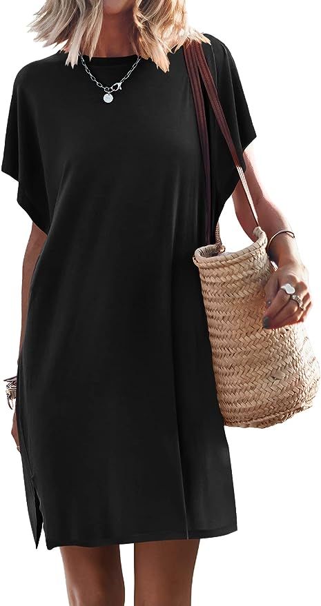 ANRABESS Women’s Summer Short Sleeve T-Shirt Dress Casual Loose Slit Beach Mini Dress Tunic Top | Amazon (US)