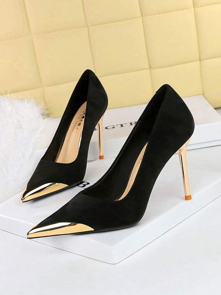 Fall/Winter Chinese Style Women High Heel Shoes, Pointed Toe Metal Cap Low Vamp Party Pumps, Elegant,Stiletto Heels | SHEIN