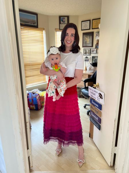 Spring Outfit - White pearl embellished t-shirt (size small). Ombré ruffled maxi skirt (size small). Bow pumps (size 8.5). #springoutfit #tshirt #whitetshirt #skirt #ruffledskirt #heels #pumps #bowheels #bowpumps 

#LTKstyletip #LTKfindsunder100 #LTKSeasonal