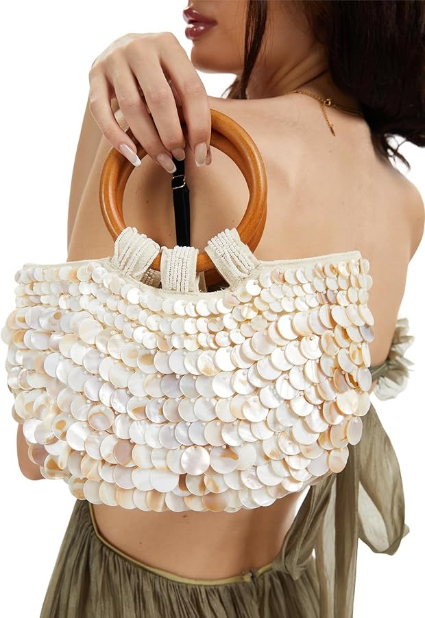 Miuco Shell Purse For Women Handmade Seashell Beaded Clutch Beach Wooden Top Handle Bag | Amazon (US)