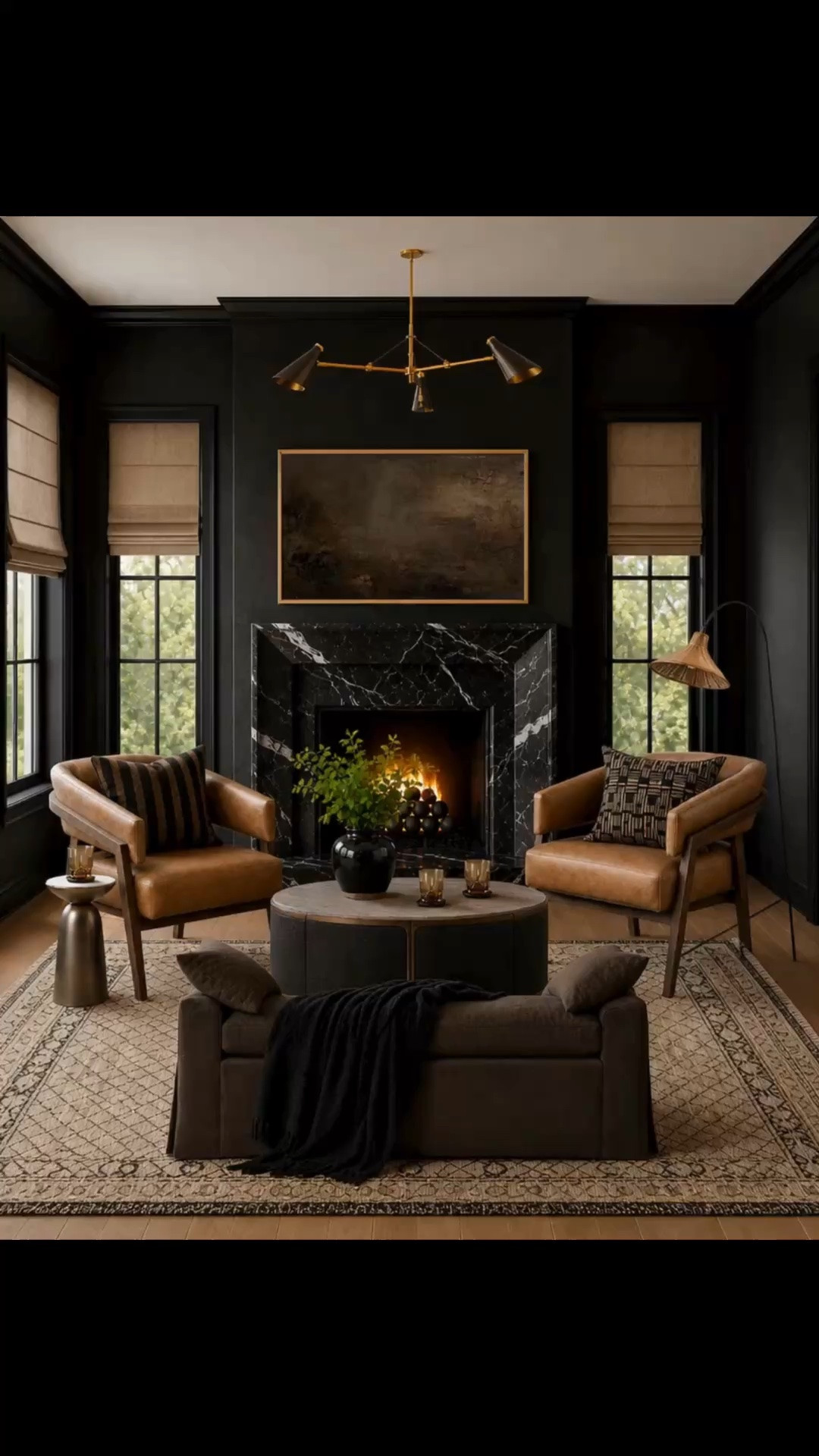 Moody black walls, white oak accented and timeless textures come together to create a cozy, elevated living room. 

Living room, living room design, living room decor, living room furniture, accent chair, accent chairs, round coffee table, coffee table, leather chair, sitting nook, sitting room, chandelier, living room ideas, frame tv, home design,posh living room idea, McGee and co, pottery barn, Etsy, home ideas

#LTKHome #LTKSeasonal #LTKSaleAlert