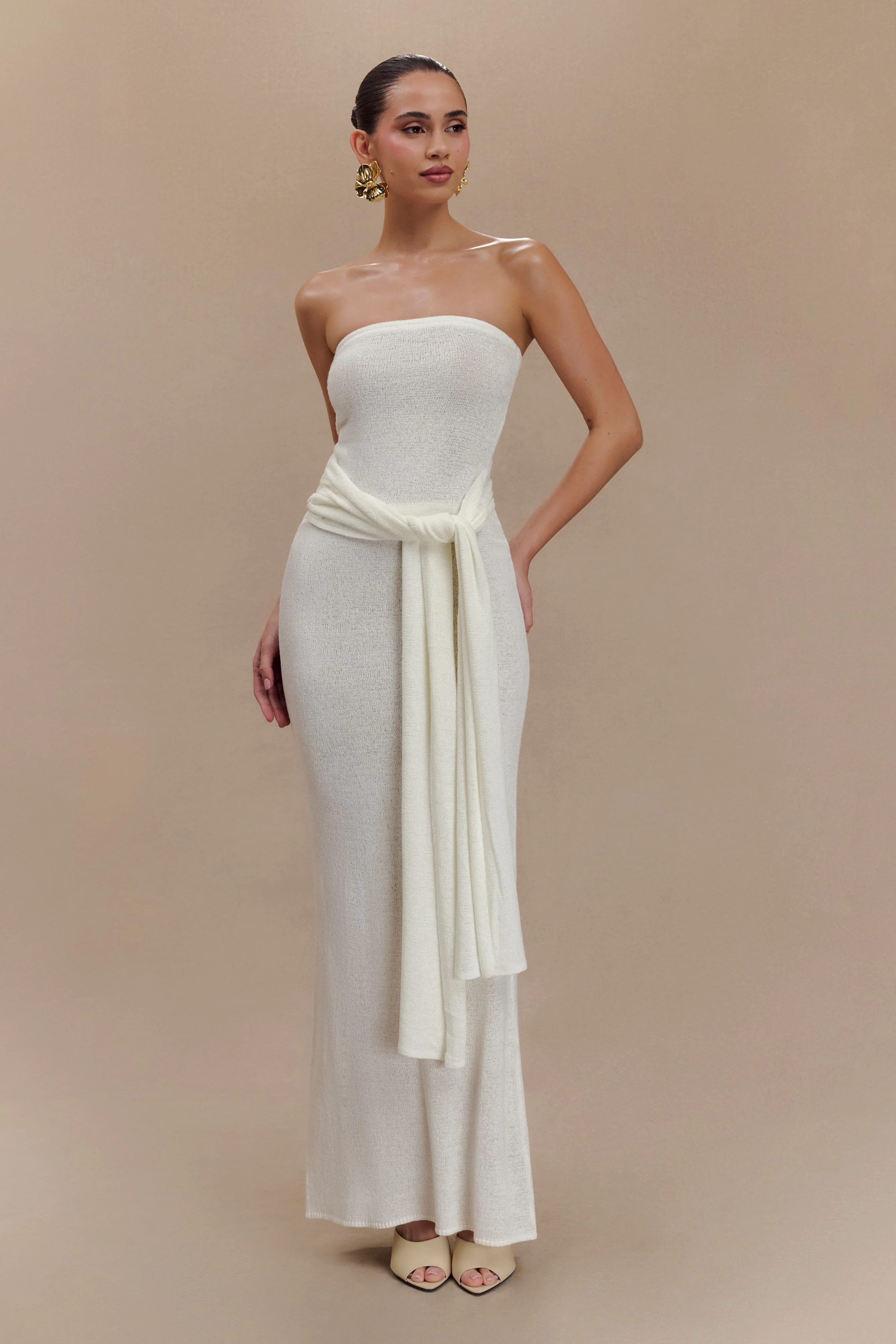 Phoebe Strapless Tie Knit Top - Ivory | MESHKI US