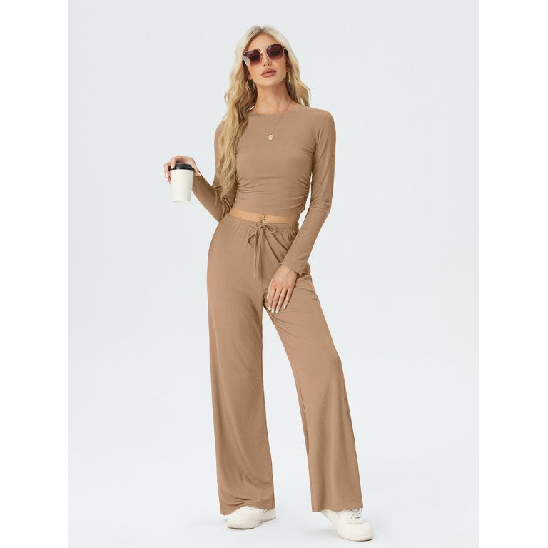 MINTREUS Women's Ribbed Knit Two Piece Outfits Lounge Sets Long Sleeve Wide Leg Pants Homewear Pa... | Walmart (US)