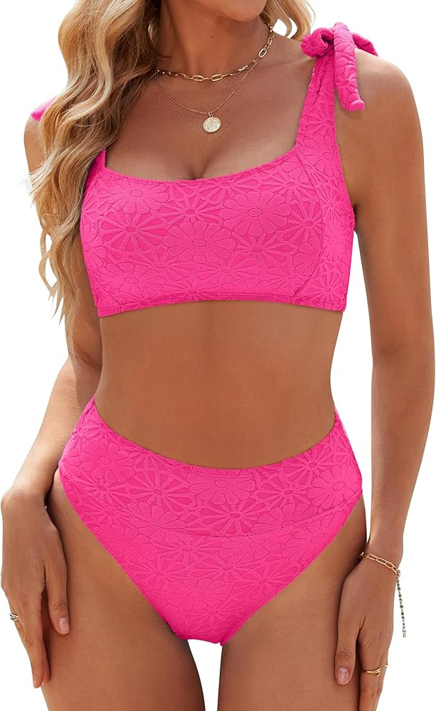 Blooming Jelly Womens High Waisted Bikini Set Tie Strap Jacquard Terry Cloth 2 Piece Swimsuit Mod... | Amazon (US)