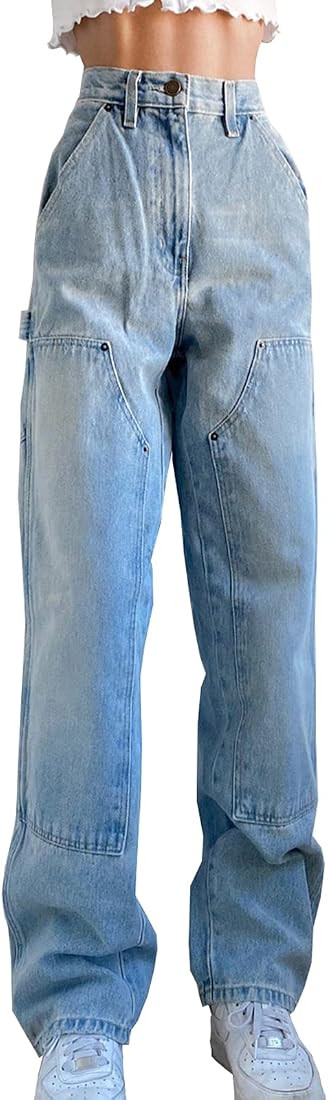 Women Patchwork Jeans High Waisted Straight Leg Stretch Denim Pants Girls Fashion Color Block Pat... | Amazon (US)