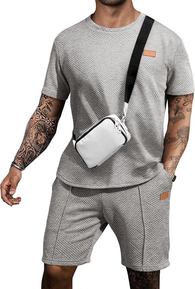 JMIERR Men's Jacquard Knit Lounge Sets Short Sleeve T-Shirts and Shorts Matching Set Loungewear S... | Amazon (US)