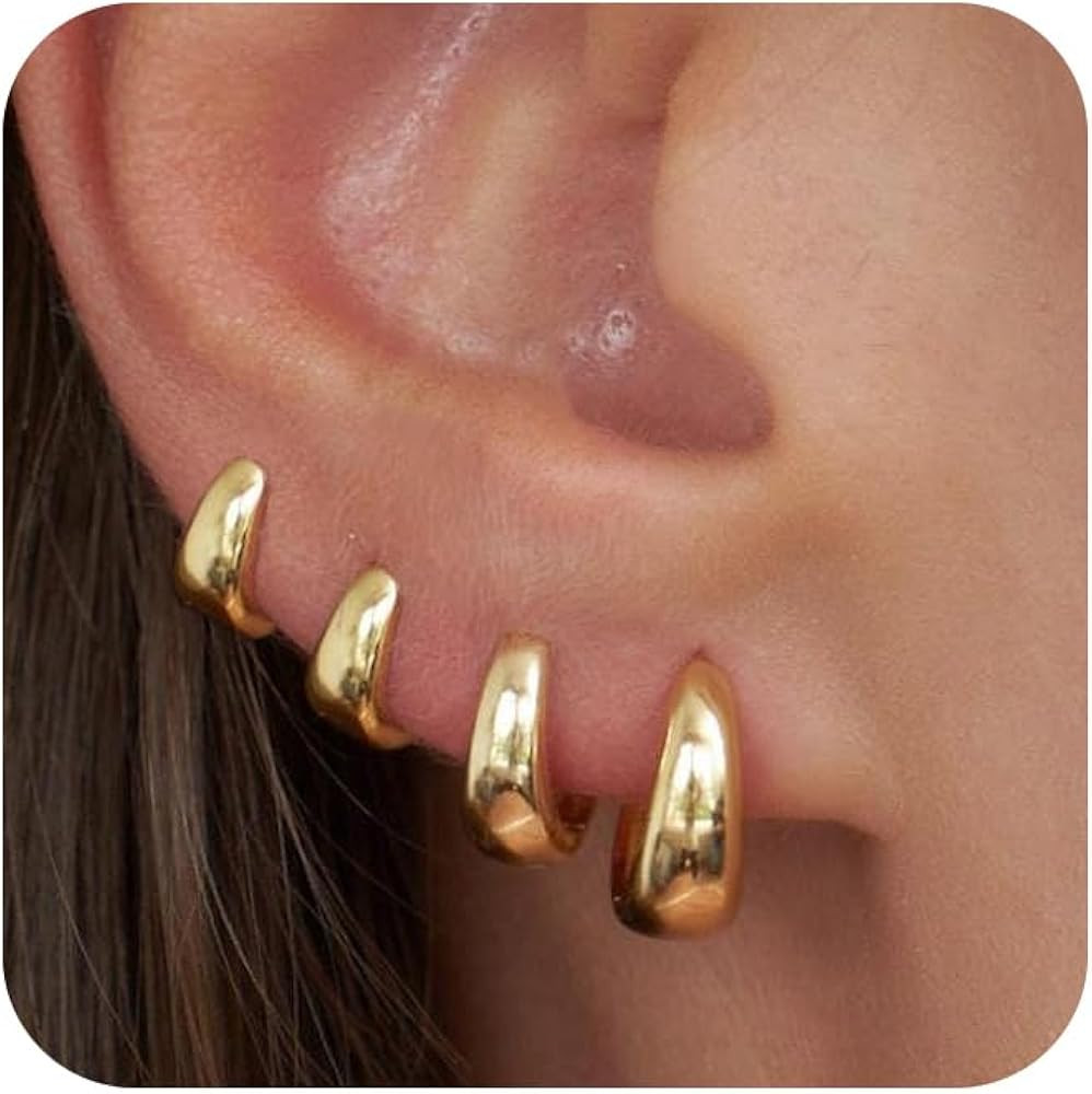 CHESKY 4 Pairs Small Huggie Hoop Earrings for Women - Chunky 14K Gold Plated/Silver Plated Lightw... | Amazon (US)