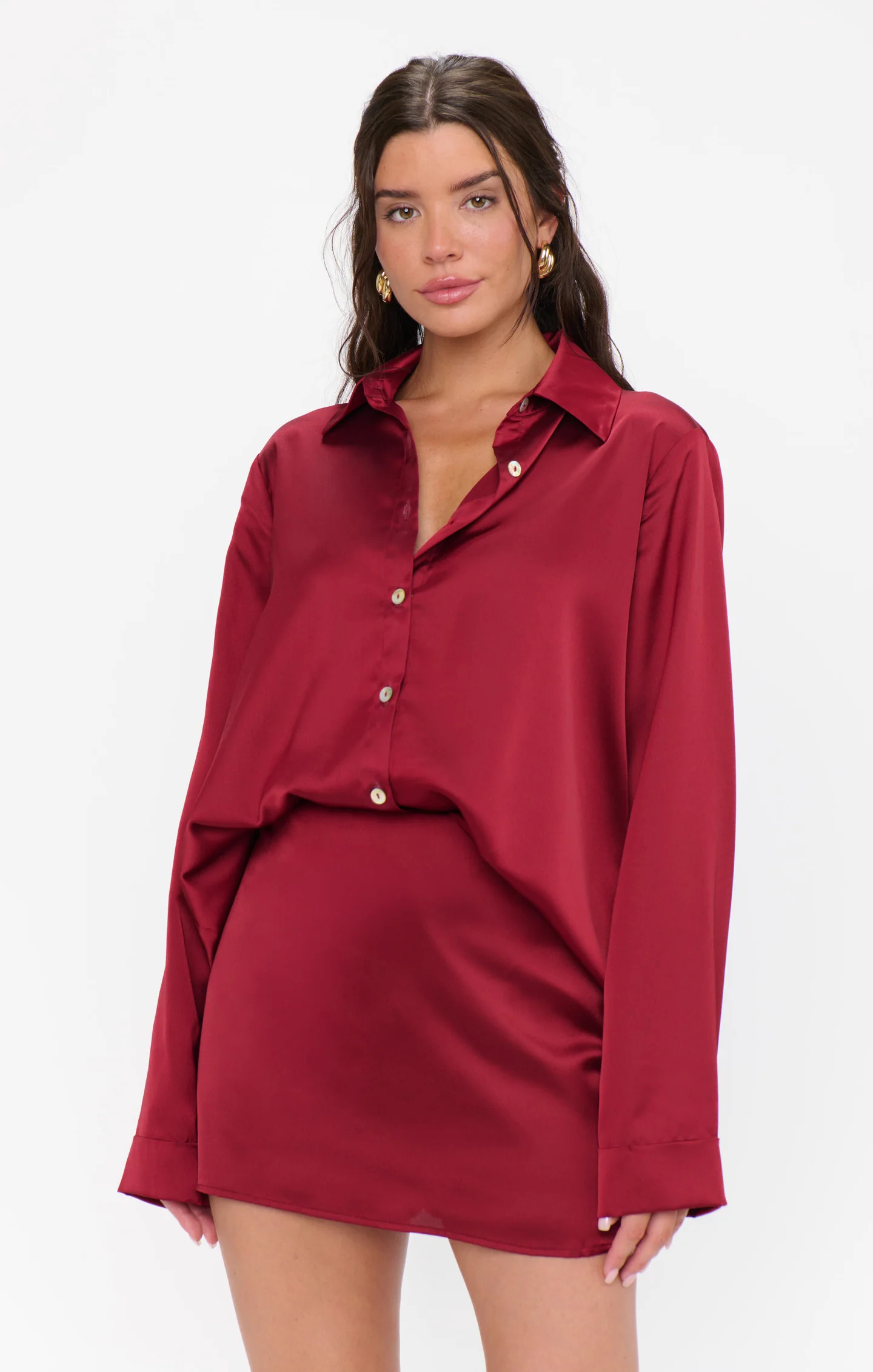 Smith Button Down ~ Cranberry Luxe Satin | Show Me Your Mumu