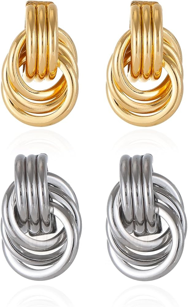 Gold/Silver Statement Geometric Earrings for Women Chunky Gold Knot Link Drop Dangle Earrings Tre... | Amazon (US)