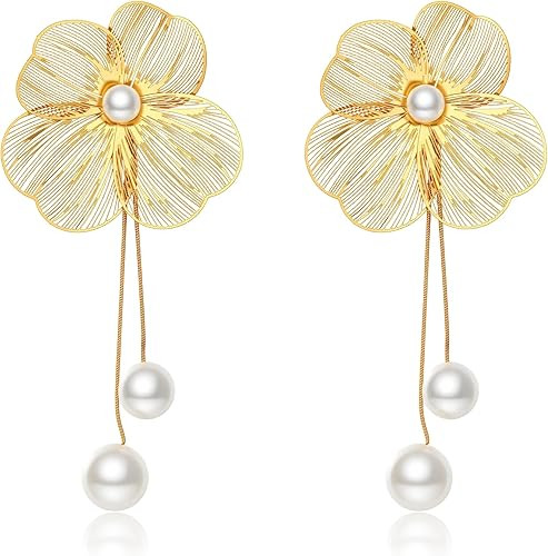 Kaleido Fashion Pearl Drop Earrings for Women, 18K Gold Plated Large Floral Botanical Dangle Earr... | Amazon (US)