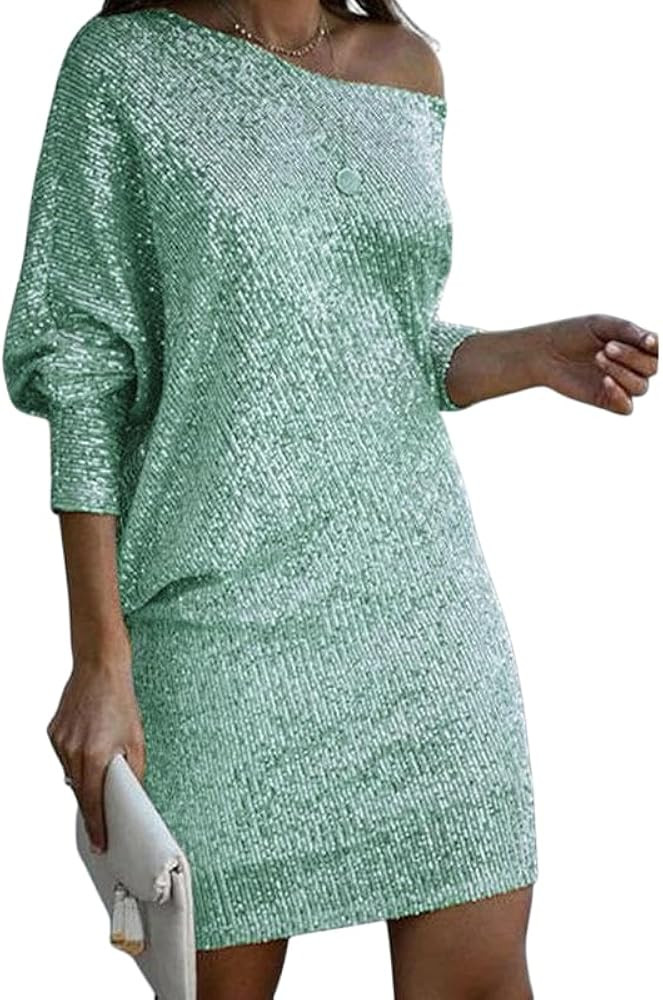 OSCORP Women’s Off Shoulder Sequin Mini Dress – 3/4 Sleeve Relaxed Fit Sparkly Party Cocktail... | Amazon (US)