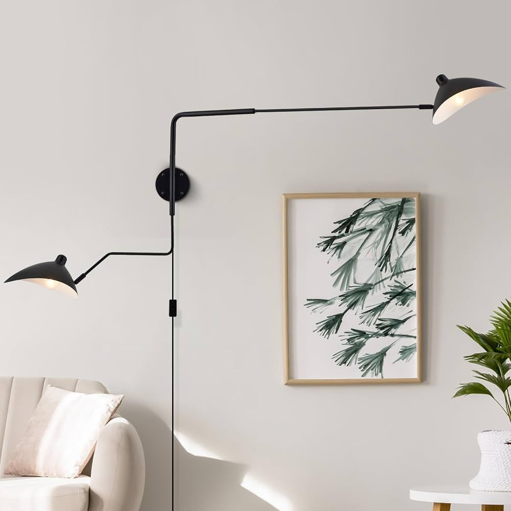 67" Mid-Century Wall Sconce Plug in with Adjustable 2-Arms, Matt Black Wall Lights with On/Off Co... | Amazon (US)