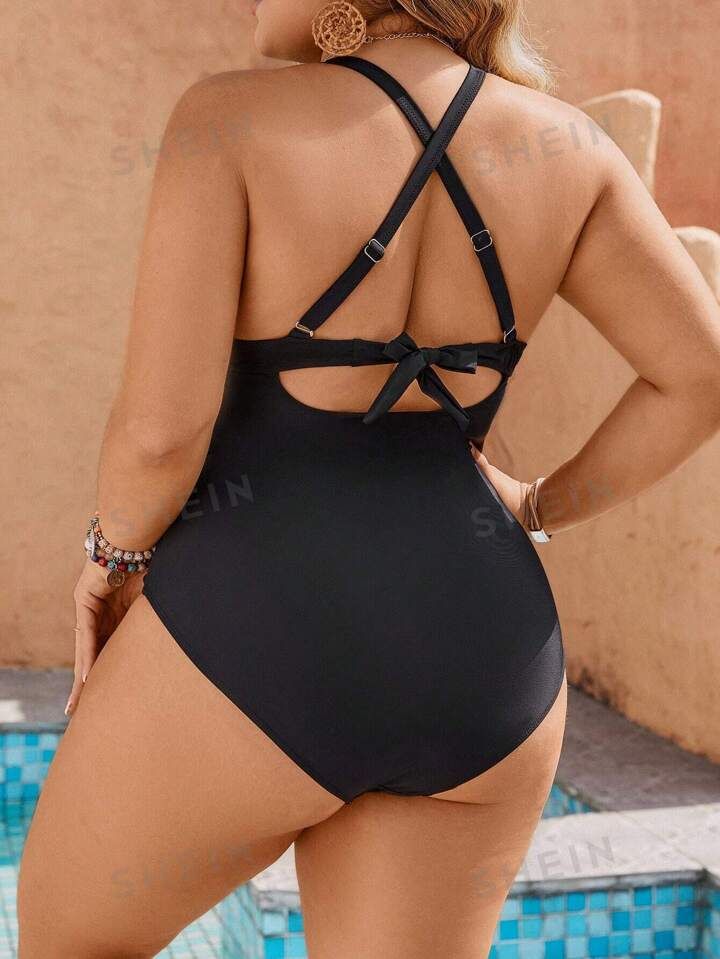 SHEIN Swim Classy Plus Size Lace Splicing Backless One-Piece Swimsuit With Strappy Detail | SHEIN