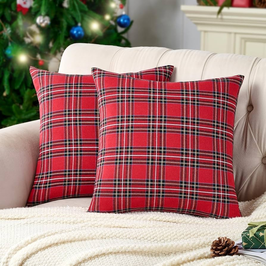 Red Tartan Plaid Christmas Decorative Throw Pillow Covers 20x20 Set of 2, Red Plaid Christmas Dec... | Amazon (US)