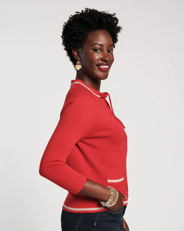Border Tie Neck Cardigan - Red | Frances Valentine