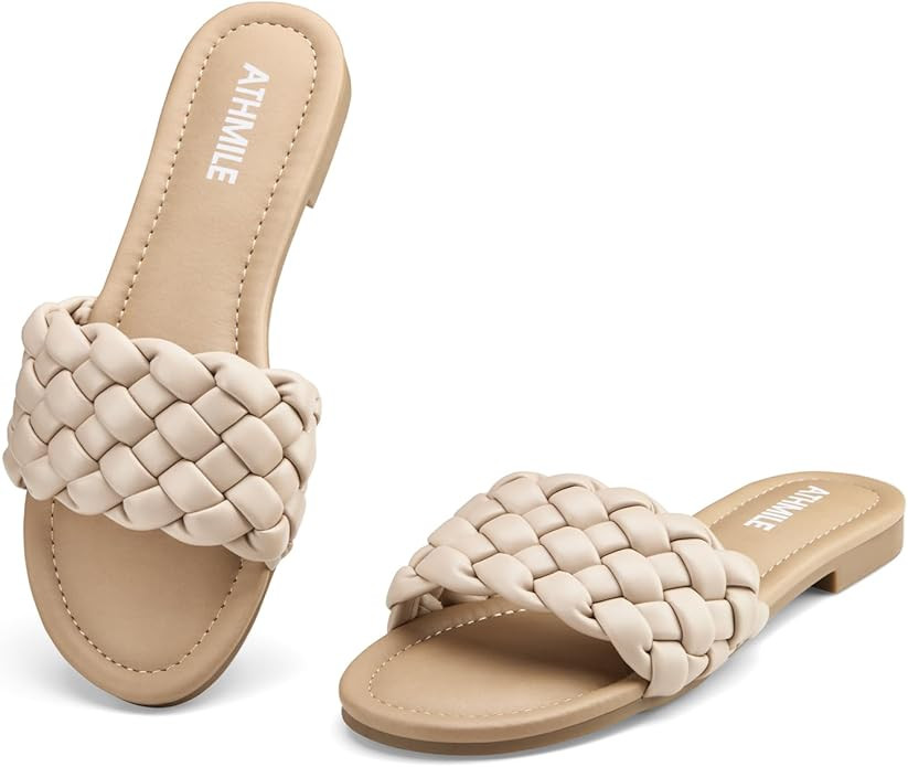 ATHMILE Braided Womens Sandals Round Open Toe Fashion Slide Sandals Women Dressy Summer Flat Beac... | Amazon (US)