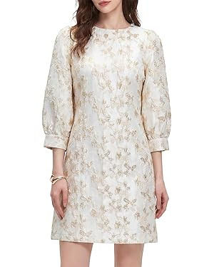 Kedera Women's Jacquard Dress Long Puff Sleeves Shift Mini Elegant Floral Dress Summer Business | Amazon (US)