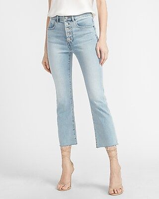 High Waisted Button Fly Raw Hem Cropped Flare Jeans | Express