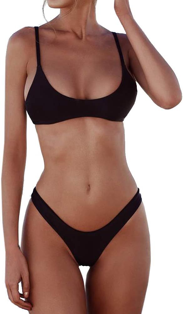 Women's Solid Scoop Neck Push up Padded Brazilian Thong Bikini Swimsuit | Amazon (US)