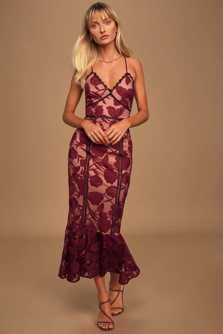 Alluring Dream Burgundy Floral Mesh Lace Trumpet Midi Dress | Lulus (US)