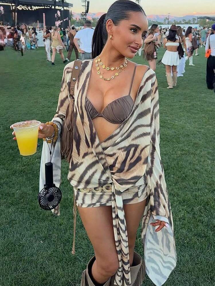 Abstract Zebra Stripe Open Front Wrap Mini Cover Up Dress For Beach & Night Out | SHEIN