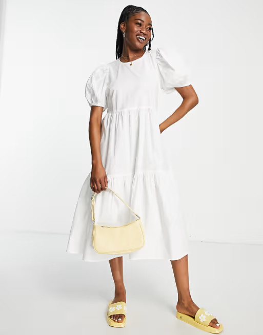 JDY puff sleeve tiered midi smock dress in white | ASOS (Global)