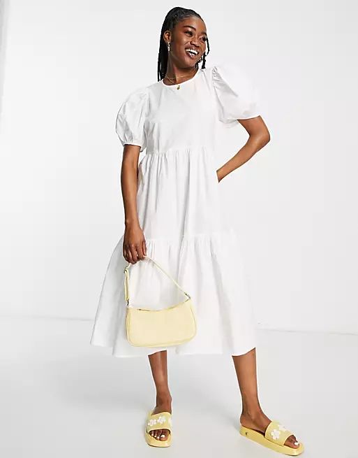 JDY puff sleeve tiered midi smock dress in white | ASOS (Global)