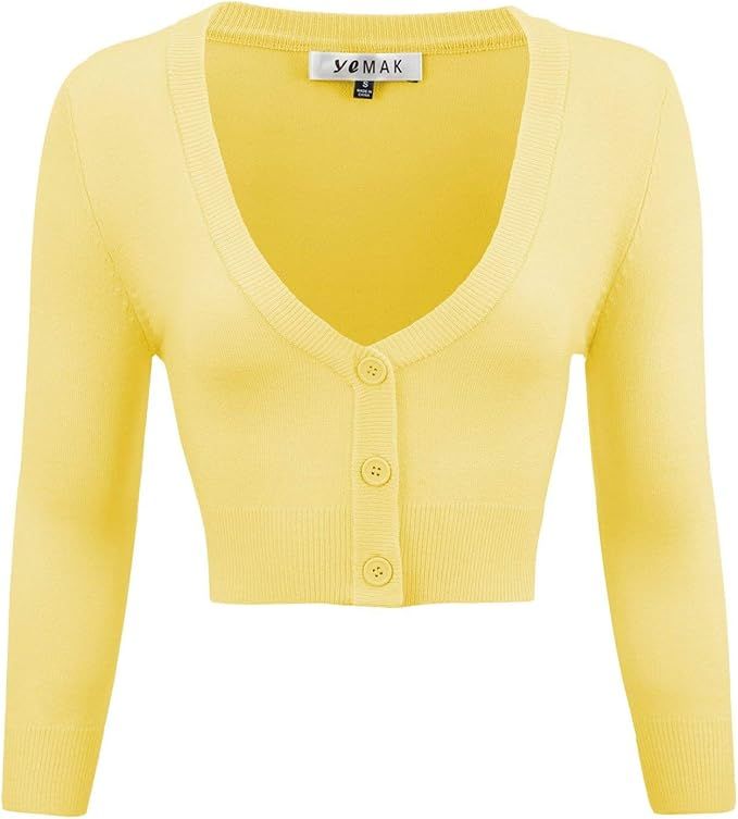 YEMAK Women's Cropped Bolero 3/4 Sleeve Button Down Cardigan Sweater (S-4X) | Amazon (US)