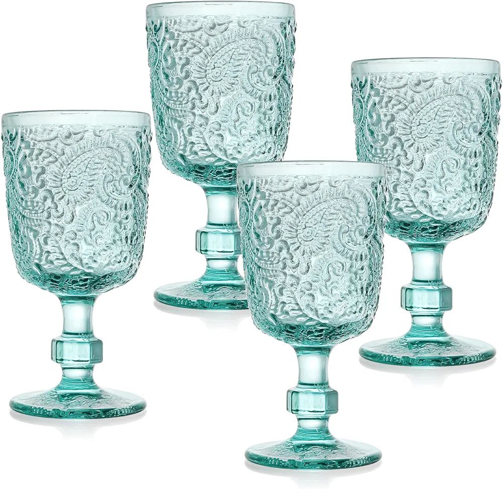 Tebery 4 Pack Blue Glass Wine Goblet Vintage, 10oz Colored Beverage Stemmed Glass Cups, Embossed ... | Amazon (US)
