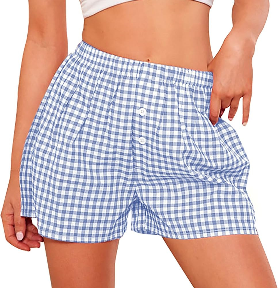 PRETTYGARDEN Womens Shorts Boxers 2025 Summer Gingham Pajama Lounge Sleep Y2K Plaid Pj Shorts Bea... | Amazon (US)