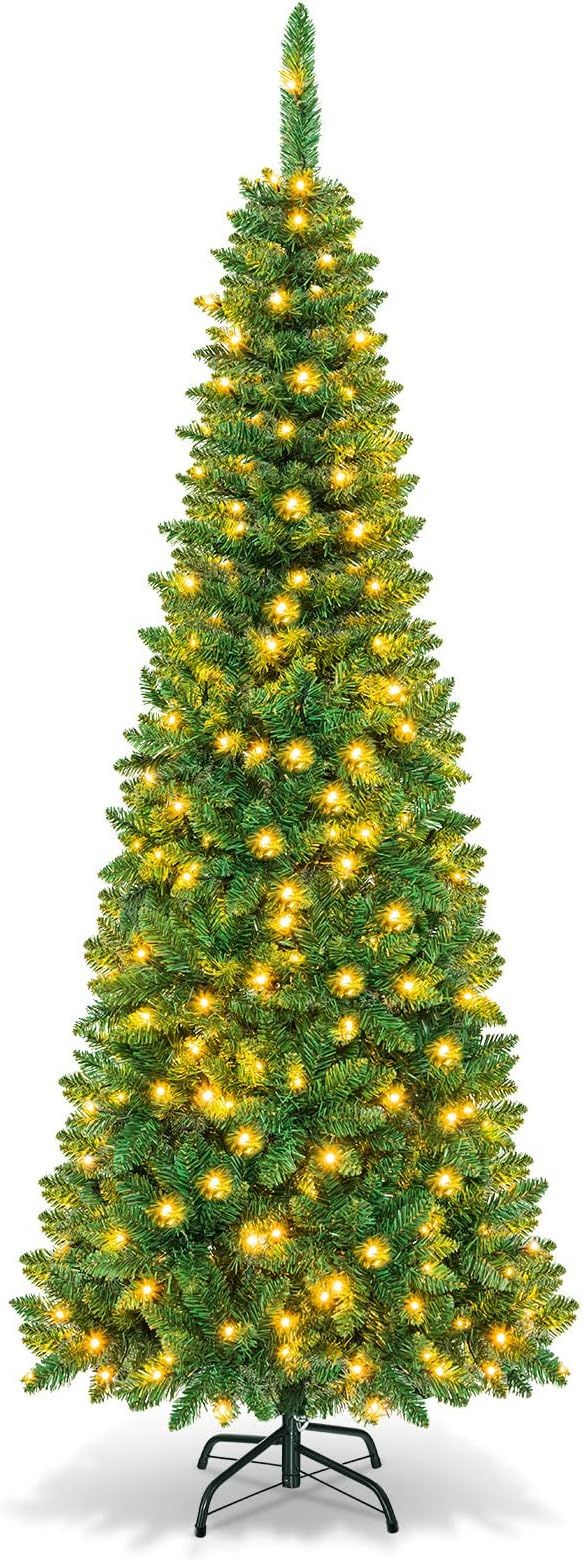 Goplus 6.5FT Prelit Pencil Christmas Tree, Premium Hinged Fir Tree, with LED Lights and Solid Met... | Amazon (CA)