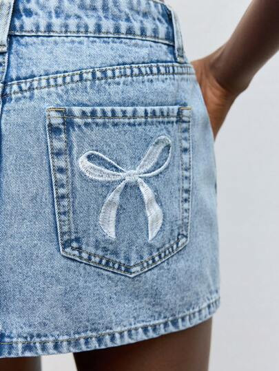 Maija Women's Blue Denim Skirt Low Waist Mini Skirt, Exquisite Bow Embroidery Summer Denim Skirt ... | SHEIN