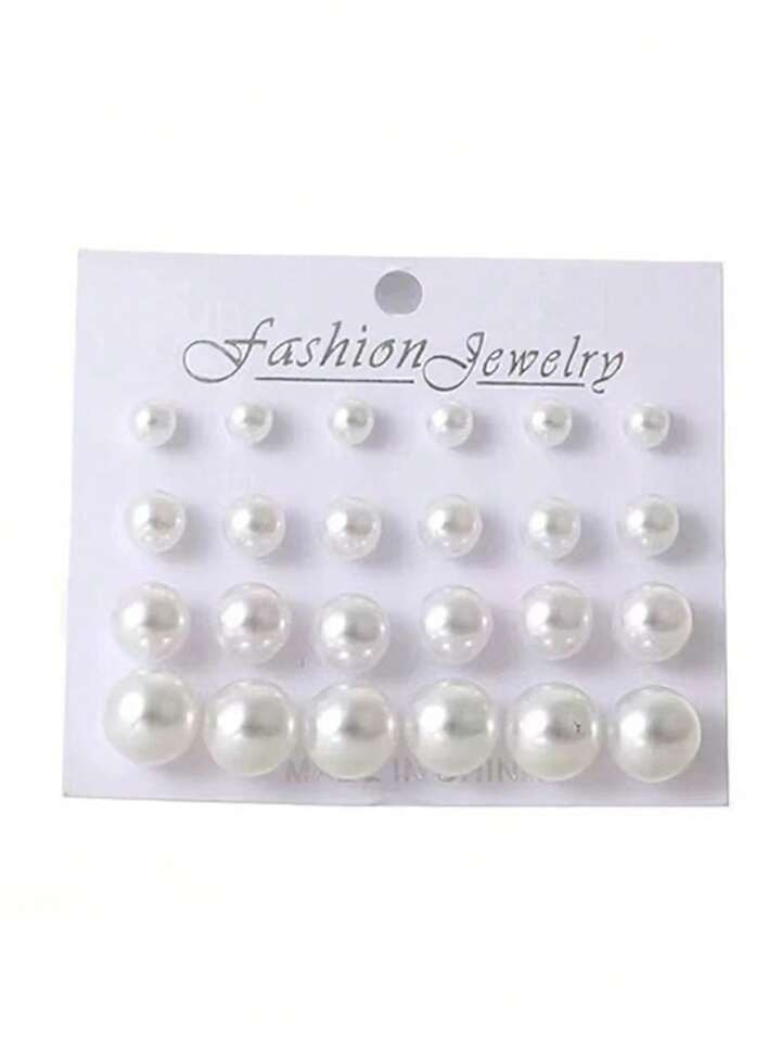 Value 12 Pairs Classic And Stylish Pearl Stud Earrings For Cross-Border E-Commerce, Daily Wear, Easy-Match, Packaged In Card, Combination Of Small And Large Pearls, Western Style. | SHEIN