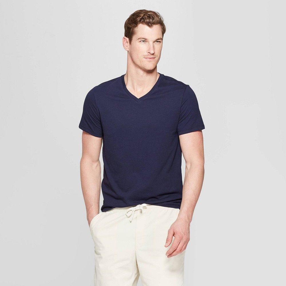 Men's Standard Fit Short Sleeve Lyndale V-Neck T-Shirt - Goodfellow & Co Xavier Navy S | Target