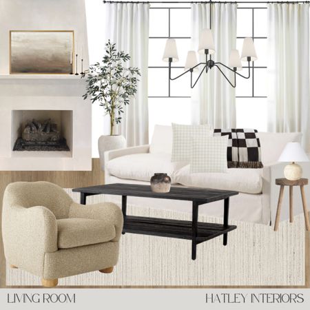 neutral living room mood board //

white sofa, teddy armchair, sherpa armchair, cozy accent chair, neutral area rug, round wood end table, black wood coffee table, throw pillows, checkered blanket, faux indoor tree 

#LTKhome #LTKunder100