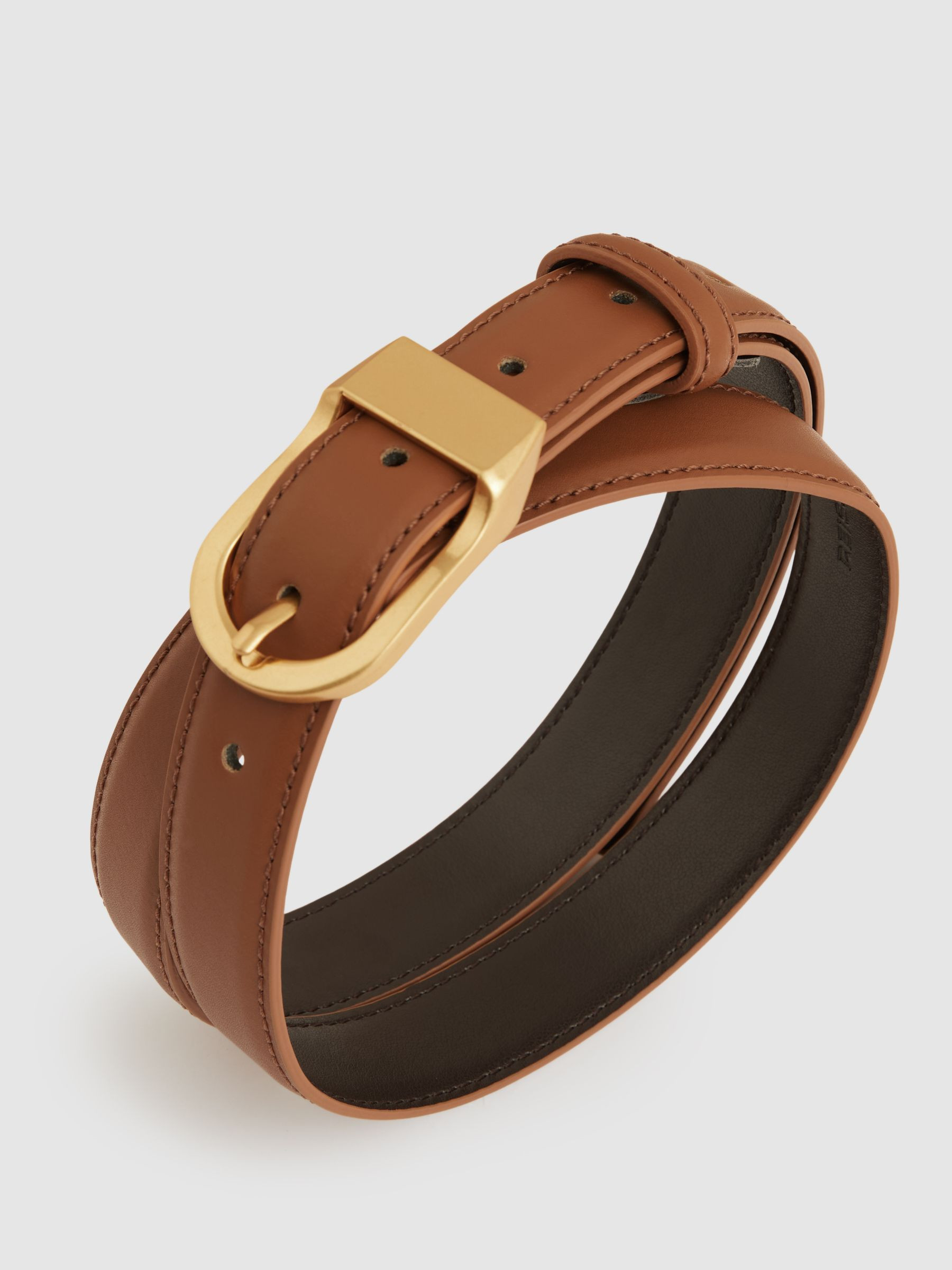 Reiss Leather Curved-Buckle Belt in Tan - REISS | Reiss UK