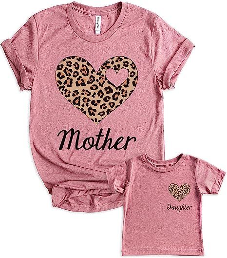 Teeny Fox Leopard Heart Mother Girl Baby Matching Outfits Cute Family Shirts | Amazon (US)
