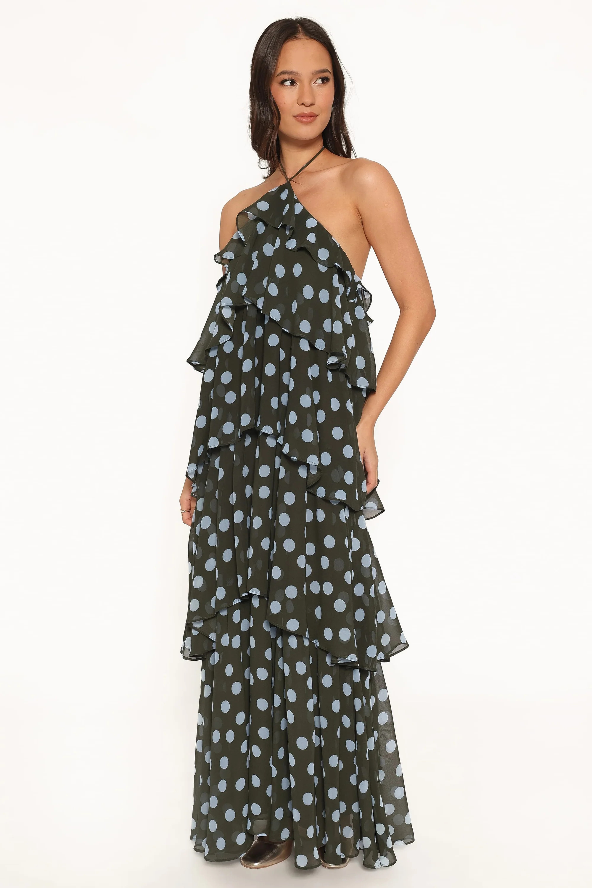 Chasity Halterneck Maxi Dress - Olive Polka Dot | Petal & Pup (US)