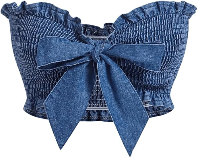 GORGLITTER Women's Bow Denim Tube Top Strapless Y2k Crop Shirred Denim Bandeau Tops | Amazon (US)