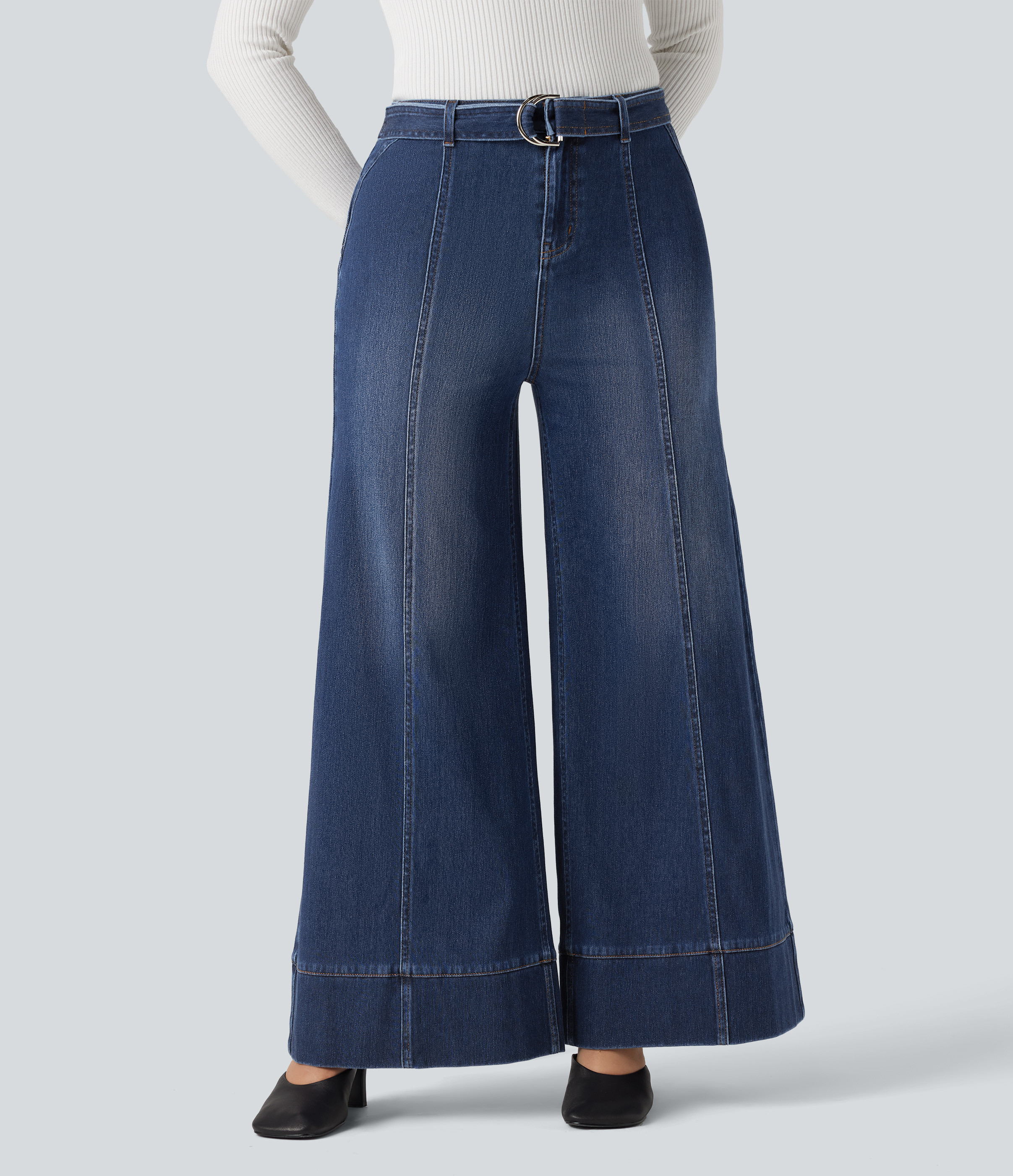 Halara Halara Flex™ High Waisted Belted Wide Leg Flare Casual Jeans with Pockets - Pageant Blue Denim - XS(regular) | HALARA