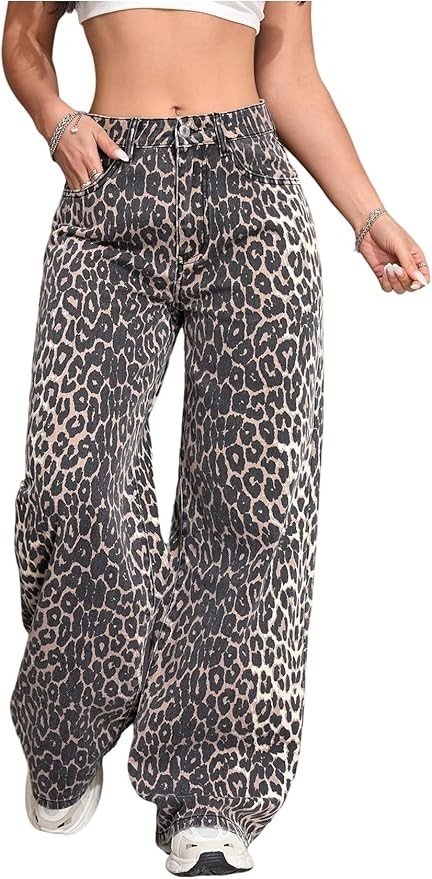 Floerns Women's Y2k Cheetah Print Wide Leg Jeans High Waisted Baggy Casual Denim Pants | Amazon (US)