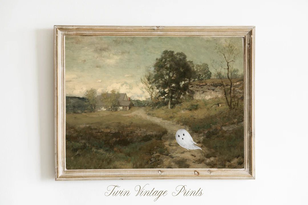 Cute Ghost in Vintage Landscape Farmhouse Halloween Decor - Etsy | Etsy (US)
