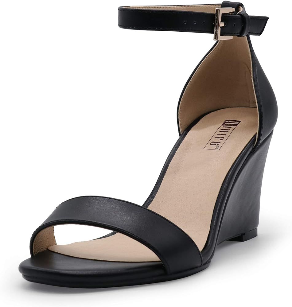 IDIFU Women's Classic Wedge Heels Sandals 3 Inch Ankle Strap Open Toe Evening Dress Wedding Shoes | Amazon (US)